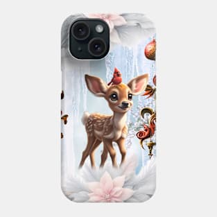 Cute fawn with bird in a winterlandscape Phone Case