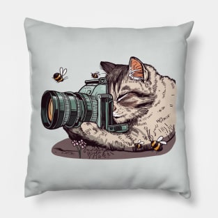 Kitty Photographing Bees Pillow