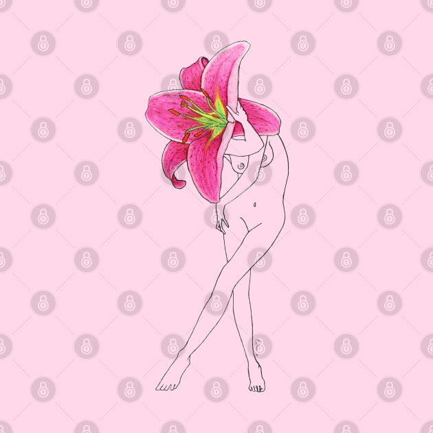 Hot pink lily flower head girl on soft pink background · Flower Woman Lilium, conceptual art by natashakolton