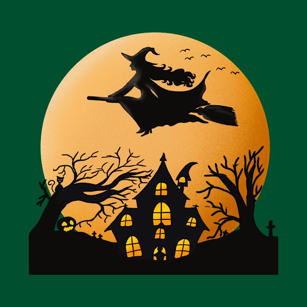 Creepy Witch With Broom Halloween T-shirt by AYOUCHKA