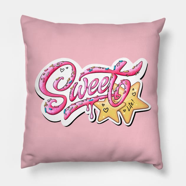 sweet life (pink text) Pillow by Mei.illustration