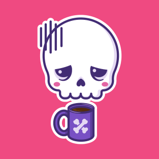 Dead inside, but caffeinated - kawaii skull with coffee cup (white outline) T-Shirt