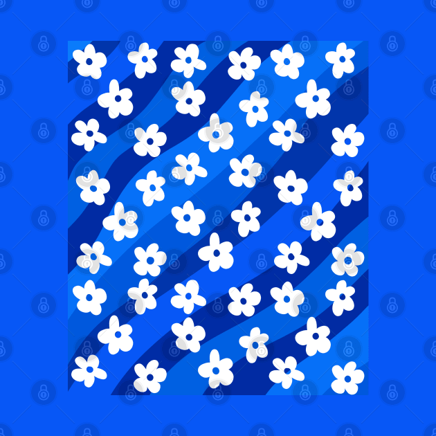 Groovy, Retro Flowers on a Blue Wavy Background by OneThreeSix