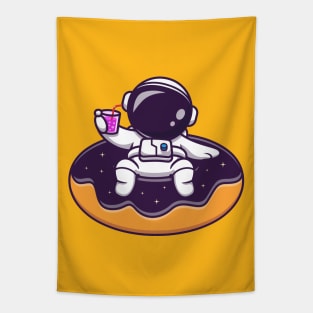 Cute Astronaut Floating On Space Donut Balloon Cartoon Tapestry