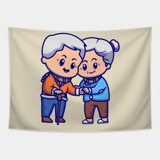 Cute Grandparents Couple Love Cartoon Tapestry