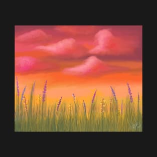 Pastel Sunset Landscape Lavender Grass Meadow Calming Scenery  Artwork T-Shirt