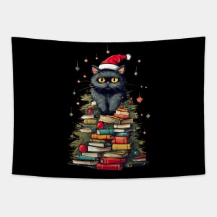 Christmas Cat Books Tree watercolor Tapestry