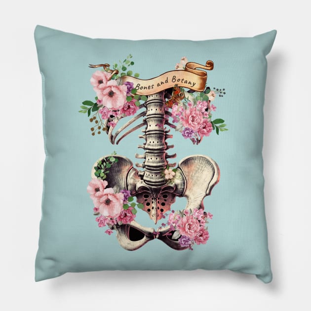 Bones and botany, ribcage full of pink flowers, roses and leaves, Anatomy Art,, thoracicy, black and white, leaves anatomy Ribcage, rib cage, anatomy skeleton Pillow by Collagedream