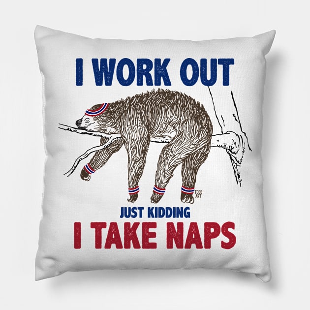 I WORK OUT SLOTH Pillow by toddgoldmanart