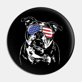 Funny Proud Old English Bulldog American Flag sunglasses dog Pin