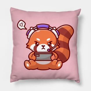 Cute Red Panda Playing Game With Headphone Cartoon Pillow