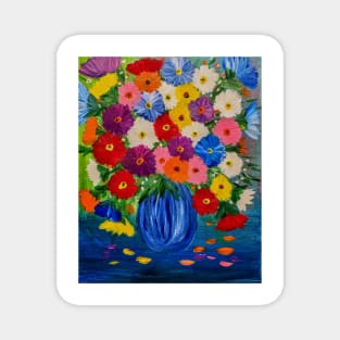 This beautiful painting features vibrant hues of abstract flowers set against a stunning glass vase Magnet