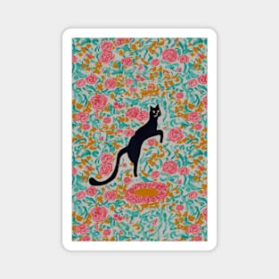 black cat jumping into peonies Magnet