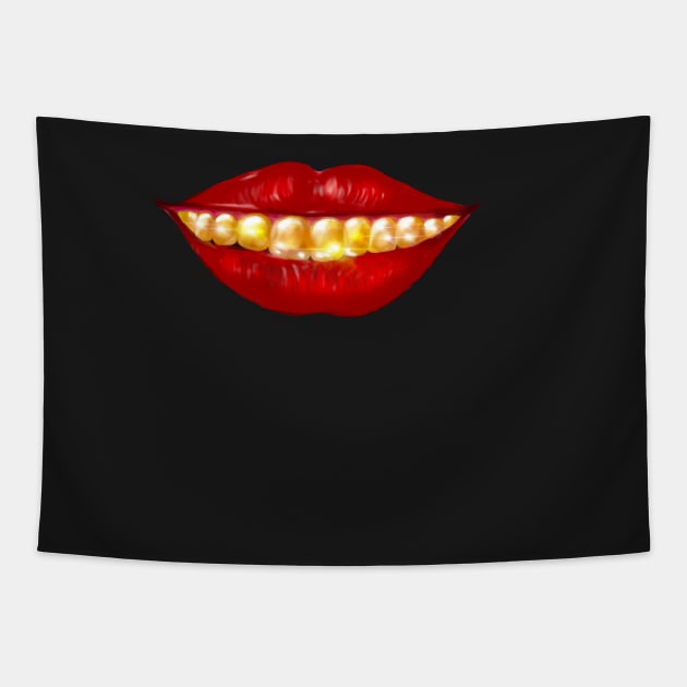 Smiling red lips and gold teeth Tapestry by Artonmytee