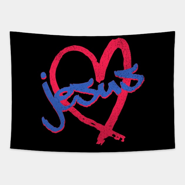 I Love Jesus Vintage 80's & 90's Red and Blue Tapestry by Family journey with God