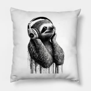 Sloth Painting Wearing Headphones in Black and White Pillow