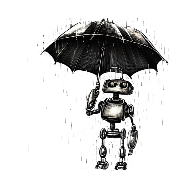 Robot standing in the rain with an umbrella by matguy