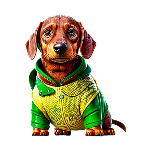 The Golden Wonder: Dachshund in a Gold and Green Scaled Suit by fur-niche