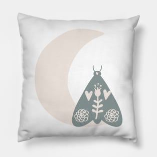 Crescent Moon and Butterfly With Folk Art Wild Flowers in Putty and Sage Boho Nursery Colors Pillow