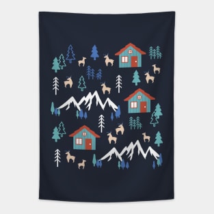 Winter Night Deer Forest Cabin II Tapestry