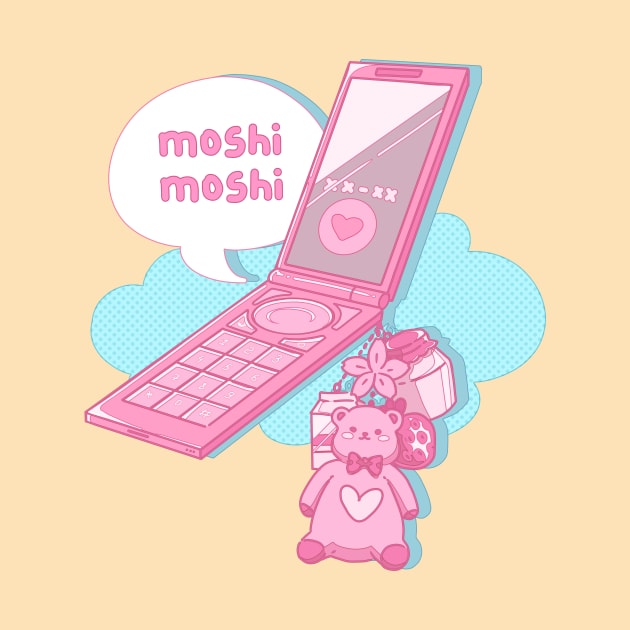 The kawaii pastel pink japanese flip phone on the yellow background by AnGo