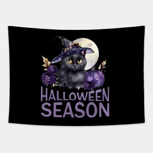 Cute black cat with full moon and Halloween season Tapestry