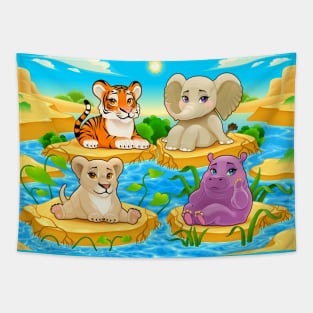 Baby cute Jungle animals in a natural landscape Tapestry