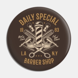 Daily Special Retro Barbershop Pole L.A. N.Y. Cut And Shave Scissors And Razors Pin