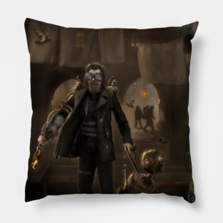 Steampunk Man and His Robot Friend Pillow