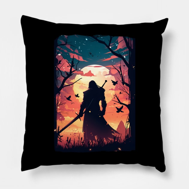 Solitary Hunter by the Setting Sun - Witcher Pillow by Fenay-Designs