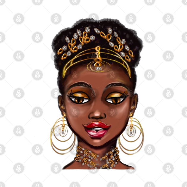 Queen Black is beautiful vi anime manga black woman with gold tiara earrings and necklace by Artonmytee