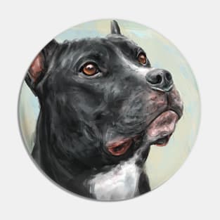 Painting of a Black Pit Bull Looking into the Horizon, on light Blue Yellow Background Pin