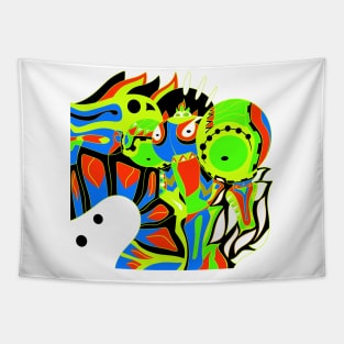 huitzil the quetzalcoatl armored dogu in ecopop pattern of the future art Tapestry