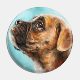 Painting of a Brown and White Boxer Dog on Green Background Pin