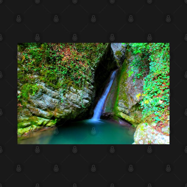 Scene from Sibillini Mountains with Cascata del Pellegrino waterfall, basin, rocks by KristinaDrozd