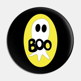 Cute Halloween ghost cartoon with BOO text Pin