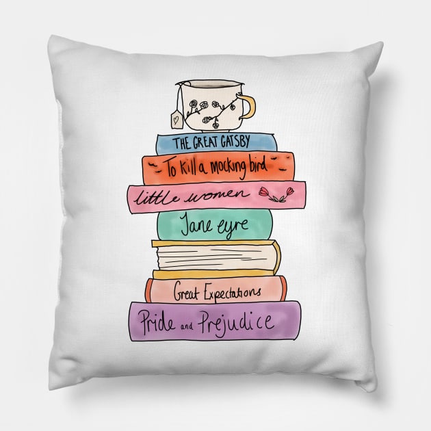 Classic books stack and tea Pillow by bookloversclub