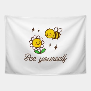 "Bee Yourself" funny pun with yellow bee and chrysanthemum - Confidence and self-expression t-shirt Tapestry