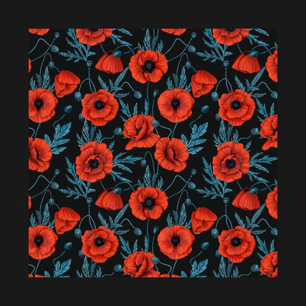 Poppies, red and blue on black by katerinamk