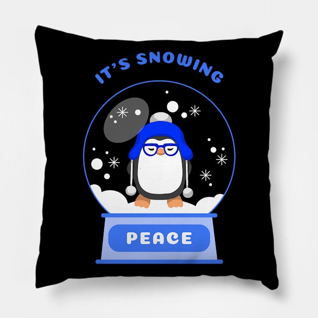 It Is Snowing Peace Penguin (Blue) Pillow by GideonStore