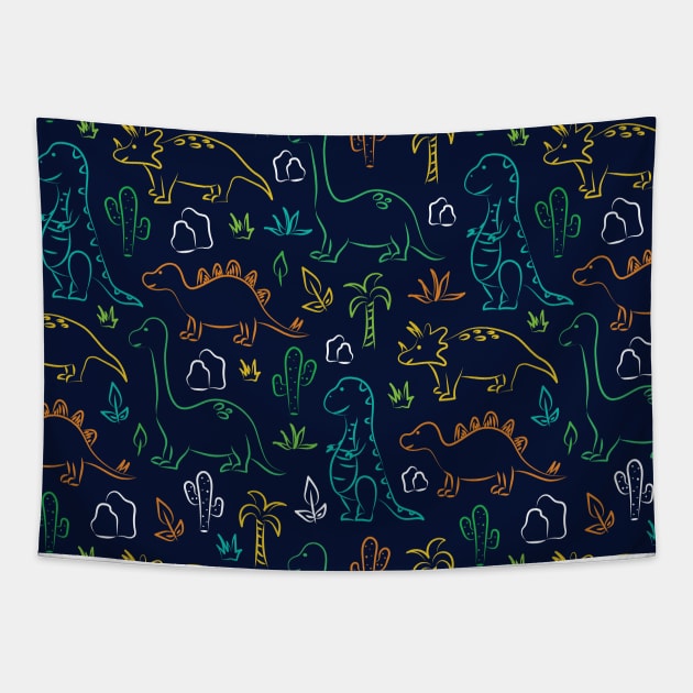 Cute cartoon dinosaur pattern on navy background Tapestry by sziszigraphics