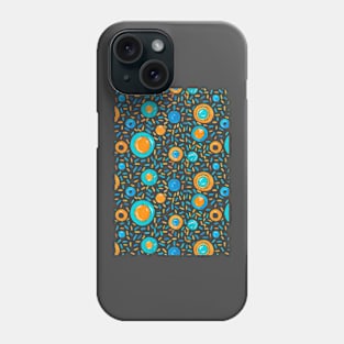 Vibrant orange and teal circles are scattered amidst an intricate array Phone Case