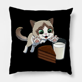 Ragdoll Cat excited to have Chocolate Cake with Milk Pillow