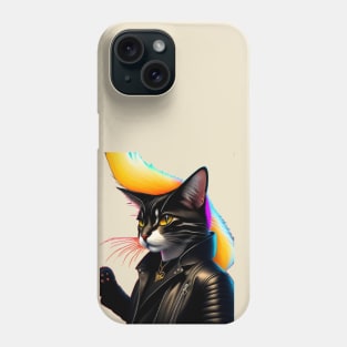 A cat wearing a leather jacket and a black jacket with a yellow tail. Phone Case