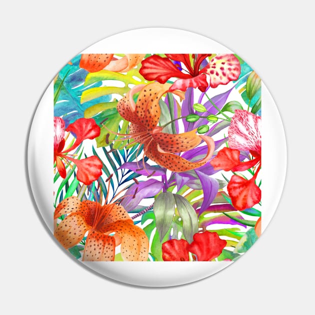 Tropical flowers, palm leaves watercolor colorful print. Lily, Delonix flowers, Monstera, Banana leaf, Cordyline exotic summer jungle print Pin by likapix