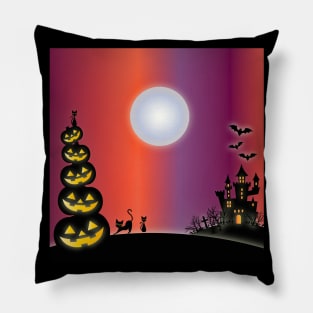 Halloween Pumpkins & Cats & Haunted House Pillow