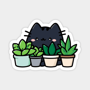 Cute Kawaii Black Cat Hiding Behind House Plants Magnet