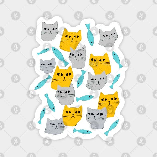 Strange grey and yellow cats with black eyes and blue fish Magnet by iulistration