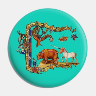 WEIRD MEDIEVAL BESTIARY IN TURQUOISE BLUE, DRAGON,UNICORN ,RHINO AND KILLER RABBIT Pin