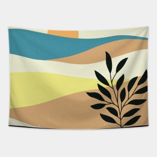 Contemporary abstract mountains and hills landscape with leaves branch digital design illustration Tapestry